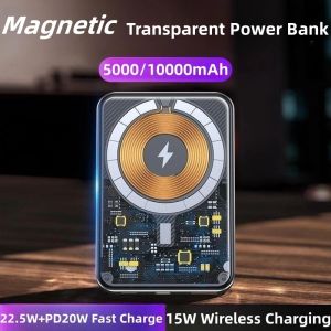 Прозрачный Power Bank 15 Вт, портативное индукционное зарядное устройство, магнитное беспроводное зарядное устройство Qi для iPhone 14, 22,5 Вт, быстрая зарядка PowerBank