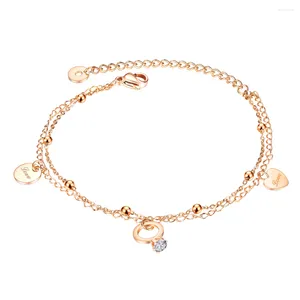 Link Bracelets KONGMOON Clear CZ Heart Charm Tiny Beads Double Chain Rose Gold Plated Women Gift Jewelry Stainless Steel Bracelet