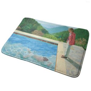 Tappeti Piscina con due figure Tappetino per porta d'ingresso Tappeto da bagno Nuoto Nuoto Uno spruzzo più grande Persone a bordo piscina David Hockney Blu