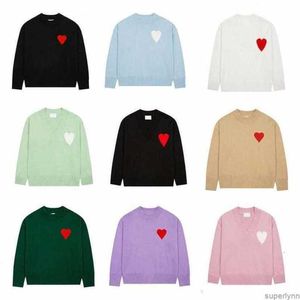 amiS AM I amishirt Fashion Sweater Mens Knitted Paris Embroidered Designer Red Heart Solid Color Big Love Round Neck Sweaters for Men D8lc
