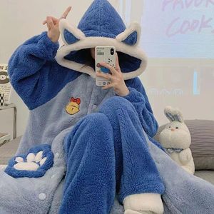 Women's Sleepwear Coral Velvet Pajama Set Women Winter Flannel Nightgown Suits Girls Cute Sweet Pyjamas Hooded Thicken Warm Home Clothes