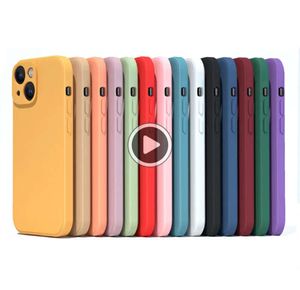 Telefonfodral för iPhone X XR XS 11 12 13 14 Pro Max 7 8 Plus kontrakterad ren färgstocksäkert flytande silikon mjuk bakslag