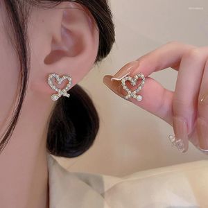 Stud Earrings VSnow Bling Rhinestones Love Heart Earings For Women Ins Simulation Pearl Hollow Out Metal Jewellery