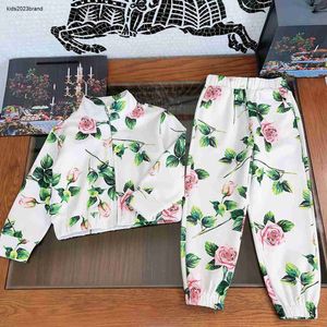 New kids Tracksuits Long sleeved baby Autumn suits Size 100-150 Full of red flowers and green leaves zipper jacket and pants Oct25