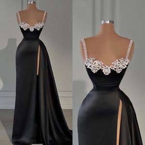 Schwarzes Etui-Abendkleid, Perlenträger, Kristallausschnitt, Party-Abschlussballkleider, geteiltes formelles langes Kleid für besondere Anlässe