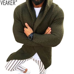 Suéter masculino longo com capuz cardigan masculino outono preto verde cardigan casaco casual cor sólida suéteres outerwear 231030