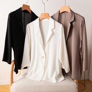 Damenanzüge, Damen, 95 % Maulbeerseide, 5 % Elasthan, 19 Momme, Schwarz, Weiß, Braun, Ein-Knopf-Blazer, Jacke, Büro, Arbeit, M, L, XL, YAMI0050