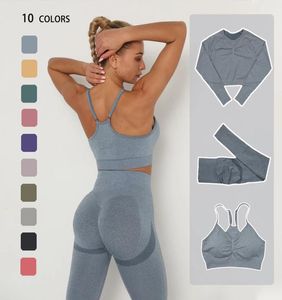 Seamless Woman Yoga outfits 2pcs Sports fitness Long Sleeved Shirt Crop GYM Tight Waisted Leggings Exercise Workout Training Pants3831954