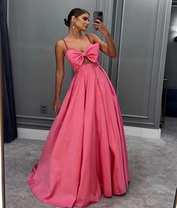 Hot Sale Formal Pink A-Line Prom Dresses With Bow Spaghetti Straps Beading Saudi Arabia Graduation Evening Formal Party Gowns Vestidos De Feast