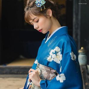 Abbigliamento etnico 2023 Fiori bianchi blu stampati Kimono giapponese Yukata Abito formale vintage migliorato letterario