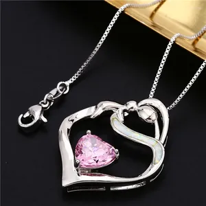 Pendant Necklaces Rose Gold Silver Color Chain Necklace Blue Pink Zircon Heart Stone White Opal Love For Mother's Day Gift