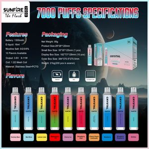 2024 Sunfire Crystal Vapes Puff 7000 Puffs 7K DEARTABABABABALE PIN PIT ELEKTRONICZNE papierosy 16 ml Podstęp siatki 6 RGB regulowany przez powietrze 0% 2% 3% 5% Hurtownia urządzeń na rynku UE w Wielkiej Brytanii