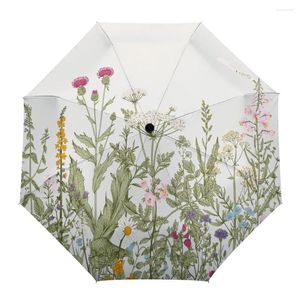 Umbrellas Plants Flowers Leaves Automatic Umbrella Men Women Rain Windproof Outdoor Travel Sun Three Folding 8 Ribs Gift Parasol