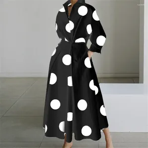 Casual Dresses Elegant Dot Print Lady Office Shirt Dress Autumn Long Sleeve V-Neck A-line Party Fashion Street White Black Vestid