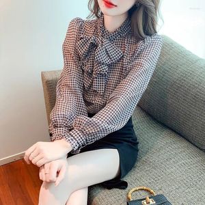 Blusas femininas 2023 popeline blusa de verão casual moda simplicidade topos houndstooth manga comprida lapela gola camisa