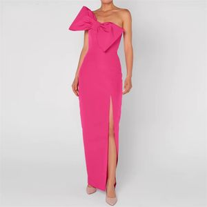 Fuchsia Sheath Prom Dress 2024 Big Bow Strapless High Slit Formal Evening Party Gowns for Black Girls Robe De Soiree Vestido Largo