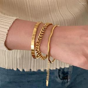 Bangle Minar Francês Múltiplo Listrado Chunky Cadeia Cubana Torcida Onda de Água Bangles Mulheres 18K Ouro PVD Banhado Pulseira de Aço Titânio