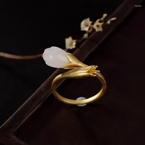Cluster Rings White Jade Flower Fashion Luxury Gemstones Jadeite Adjustable Ring Designer Natural Jewelry Real Women Charm 925 Silver