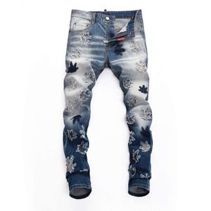 D2 Jeans Jeans da uomo 2023 Primavera e autunno Pantaloni con buco rotto alla moda con lavaggio elastico personalizzato a foglia attillato