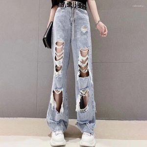 Kvinnors jeans höga midja rippade för lösa tunna denim byxor byxor overall 2023 vintage kvinnliga trasiga byxor streetwear
