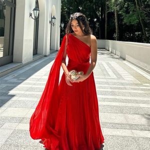 Classic Long Red Chiffon One Shoulder Prom Dresses With Cape Custom Brazilian A-Line Floor Length Party Dress Maxi Pleated Evening Dresses for Women