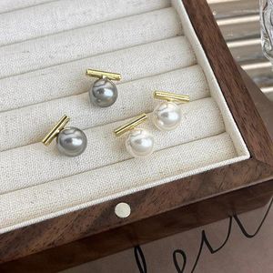 Stud Earrings Minar Fashion Grey White Color Round Faux Pearl Gold Plated Alloy Small Earring For Women Statement Jewelry