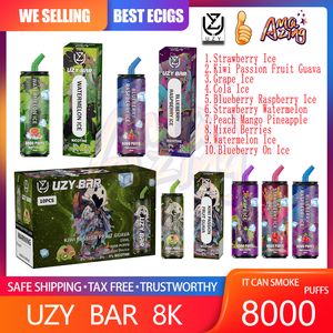 Orijinal Uzy Bar 8000 Puf Teslim Edilebilir E Sigara 1.2ohm Mesh Bobin 18ml Pod Pil Şarj Edilebilir Elektronik CIGS Puff 0% 2% 3% 5% 5% RBG Işık Vape Kalem