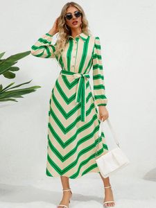 Casual Dresses Striped Holiday A-line Dress Women Long Puff Sleeve Turn-down Collar Belts Slim Midi Female Beach Autumn Colorful Robe