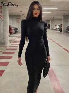 Urban Sexy Kleider von Hugcitar, Damenmode, Rollkragen, lange Ärmel, Schwarz, figurbetont, Maxi-Abschlussballkleid, Herbst, lässig, Streetwear, Halloween-Kostüme