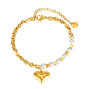 Stainless Steel Love Heart Charms Bracelet Pearl Beads Chain Bracelets For Women Lady XMAS Gifts 6.5inch +5cm Extension Chain n1441