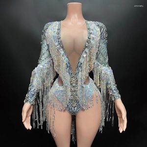 Stage Wear Custom Silver Sequin Fringe Diamond Unique Design Women's Long Sleeve Onesie Latin Dance Dress Performance