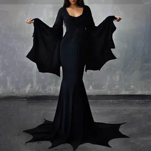 Casual Dresses Retro Gothic Hohe Taille Schwarzes Kleid Frauen Vampir Fledermausärmel Halloween Outfit Maskerade Party Outfits