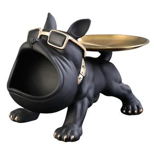 Oggetti decorativi Figurine Cool Bulldog francese Butler Decor con vassoio Statua di cane a bocca grande Scatola di immagazzinaggio per la casa Scultura in resina animale Figurina Regalo d'arte 231027