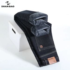 Mens Jeans Marca Inverno Veludo Engrossado Moda Reta Solta Negócio Casual Calças Jeans Quentes Calças Preto Azul 231027