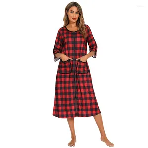 Kadın pijama vintage Victage Victoria uzun gecelik kadın uyumak için klasik İngiltere tarzı kırmızı ekose gömlek elbise ev kıyafeti retro gevşek maxi