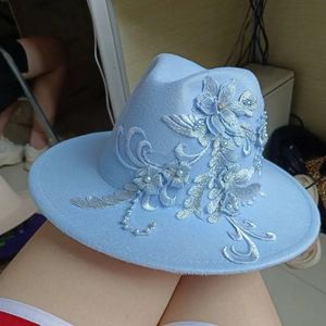 ワイドブリム帽子バケツブルーフラワーフェドラハット3Dウェディングメンアンドウィメン刺繍ジャズ製品ソムブレロ231027