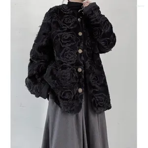 Women's Jackets Rose Plush Single Breasted Black Coat Women Autumn And Winter Small Fragrant Style Round Neck Loose Causal Outerwear Top