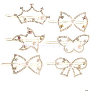 Akcesoria do włosów Diamentowe Bowknot Crystal Rhinestones Clips Sweet Bangs Side Clip Pearl Crown Frog Liść Barrette Downot Dhgf4