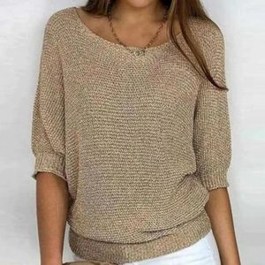 Suéteres femininos quentes e confortáveis suéter elegante malhas soltas pulôver tops com mangas 3/4 para outono inverno feminino cor sólida