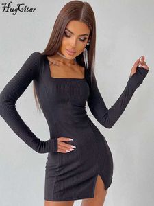 Urban Sexy Dresses Hugcitar Green Solid Ribbed LongeeLeses Square Neck Slim Mini Prom Dress Fall Women Party Club Elegant Clothes YK