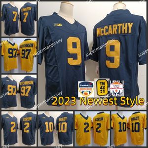 Camisa de futebol americano NCAA Michigan 9 J.J. Mccarthy VRBO Fiesta Bowl 10 Tom Brady 7 Donovan Edwards 97 Aidan Hutchinson 2 Blake Corum Jersey Michigan Wolverines Camisetas