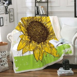 Decken, Sonnenblumen-Decke, grün, frisch, Überwurf, Blumen-Wasserfarbe, Sherpa-Fleece, weich, Sofa, gemütlich, Plüsch für Bett