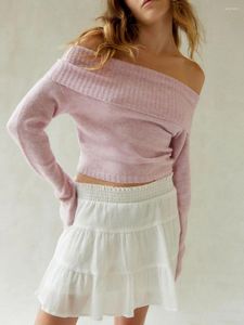 Kvinnors tröjor Top Solid One Line Neck Lapel 2023 Autumn/Winter European and American Off Shoulder Long Sleeve Pullover tröja