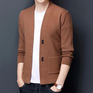 Herrtröjor Spring Autumn Herrmärket Fashion Business Casual Solid Color V-ringning Stickad Cardigan Sweater Men Cardigan Coats/S-3XL 231030