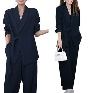 Suits Pockets Coat Wide Leg Pants Spring Autumn Office Wear Women Fashion Elegance Lady Blazer Sets