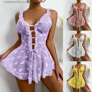 Sexig uppsättning ectooko Sexig underkläder kvinnor spetsar babydoll nattdress utan g-sträng underkläder sömnkläder klänning T231030