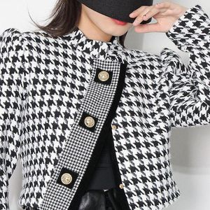 Women's Jackets 2023 Fall Winter Women Stand Full Sleeve Metal Single Breasted Button Short Jacket Plaid Tweed Casual Spliced Outerwear Coat