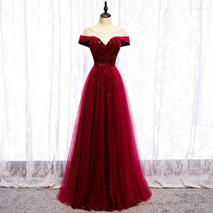 Abiti da festa Abito da sera bordeaux Perline Bling O-Collo A-Line Lunghezza pavimento Paillettes Maniche corte Tulle Abito formale Donna B301