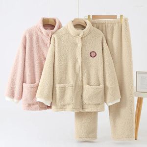 Kadınların Pijama Sonbahar Kış Coral Polar Pijamalar Peluş Peluş Kalın Sıcak Duruşlu Yaka Gündelik Uzun Kol Flanel Ev Aşaması