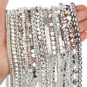 Perline di pietra ematite color argento naturale Perline di cuore stella freccia piatta e rotonda Perline distanziatrici allentate irregolari per la creazione di gioielli Perline di gioielli di moda